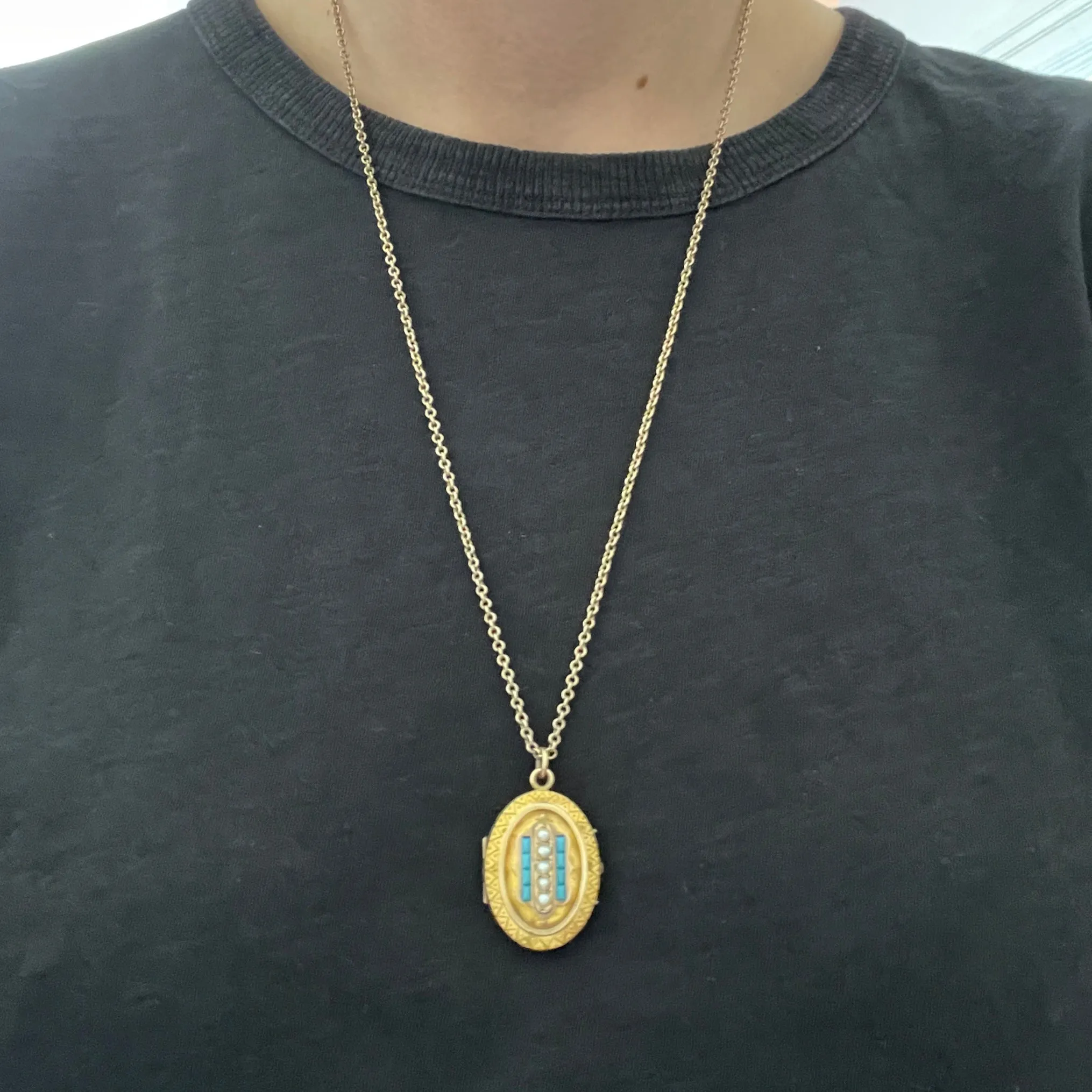 Oval Turquoise & Pearl Etruscan Revival Antique Locket