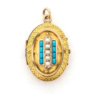 Oval Turquoise & Pearl Etruscan Revival Antique Locket