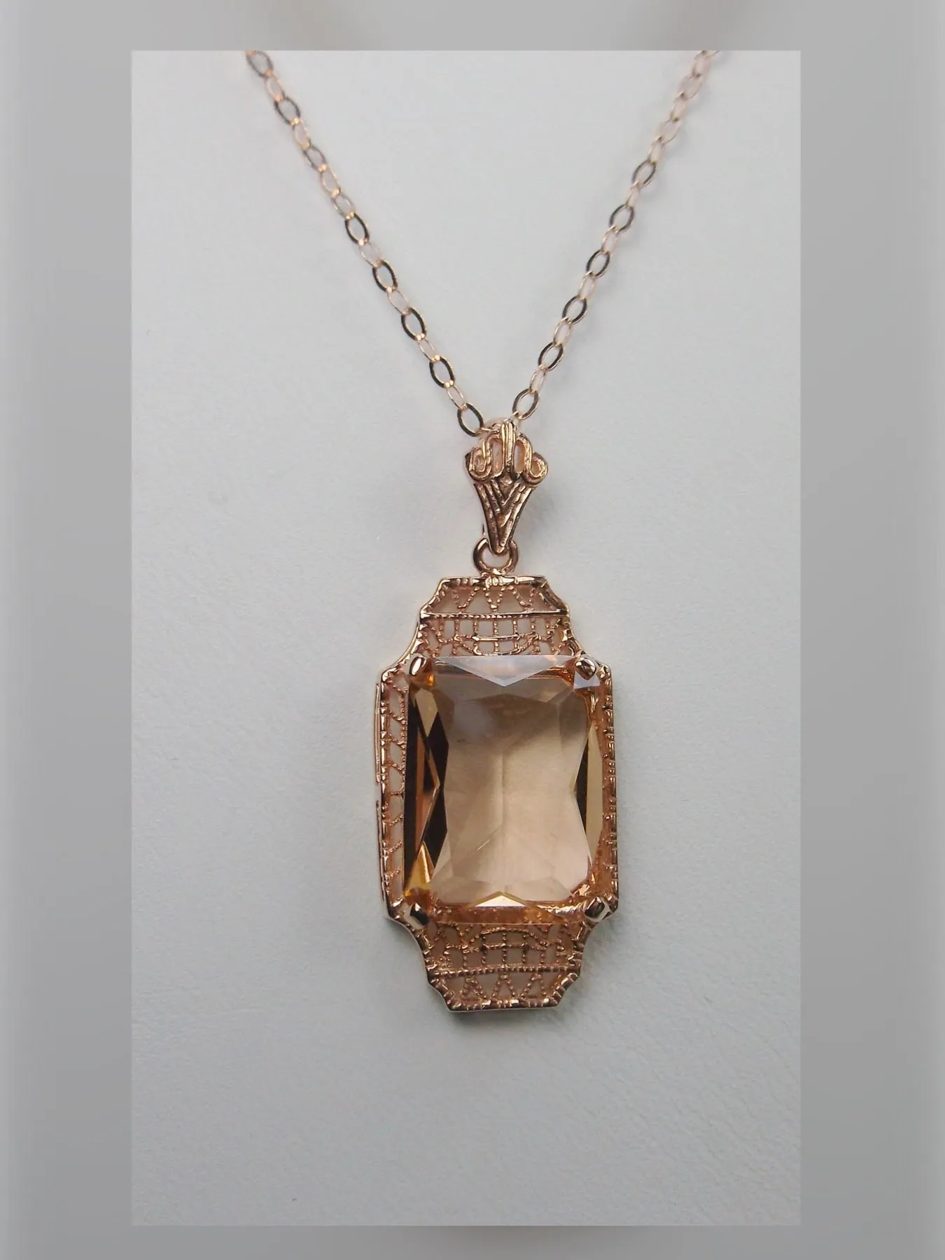 Peach Topaz Pendant, Rose Gold Overlay, 1930s Art Deco Jewelry #P13