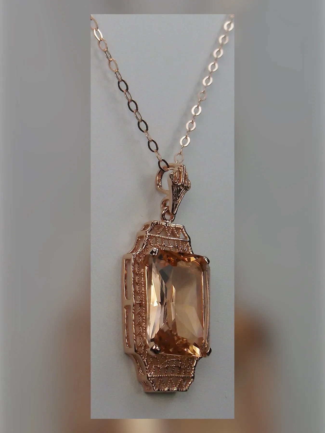 Peach Topaz Pendant, Rose Gold Overlay, 1930s Art Deco Jewelry #P13