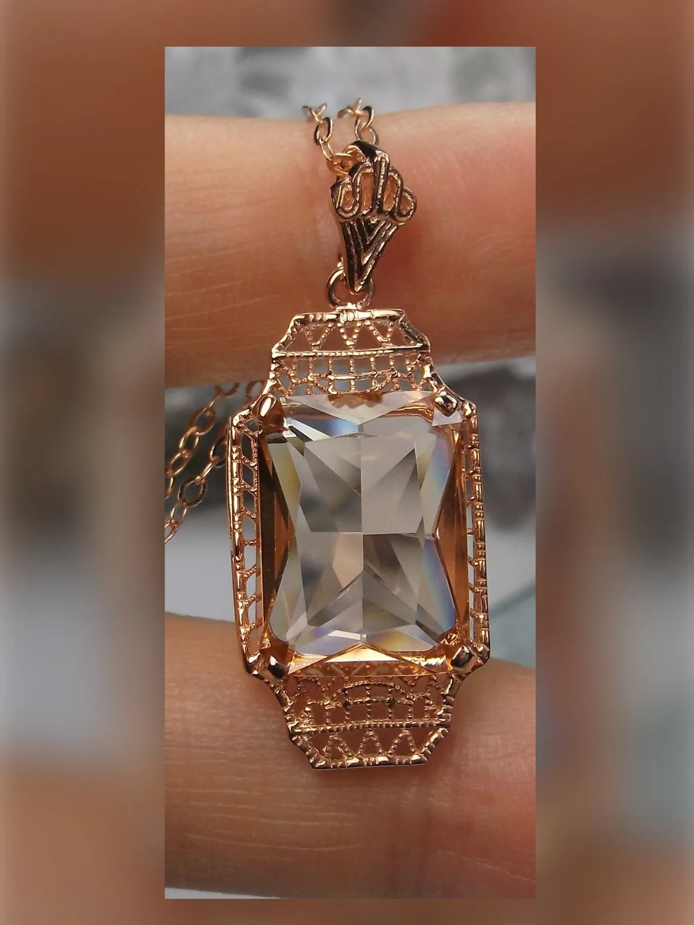 Peach Topaz Pendant, Rose Gold Overlay, 1930s Art Deco Jewelry #P13