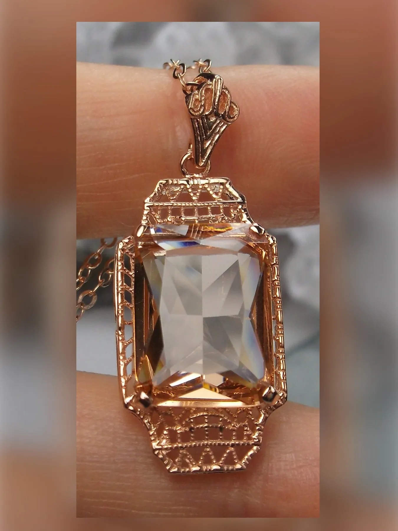 Peach Topaz Pendant, Rose Gold Overlay, 1930s Art Deco Jewelry #P13