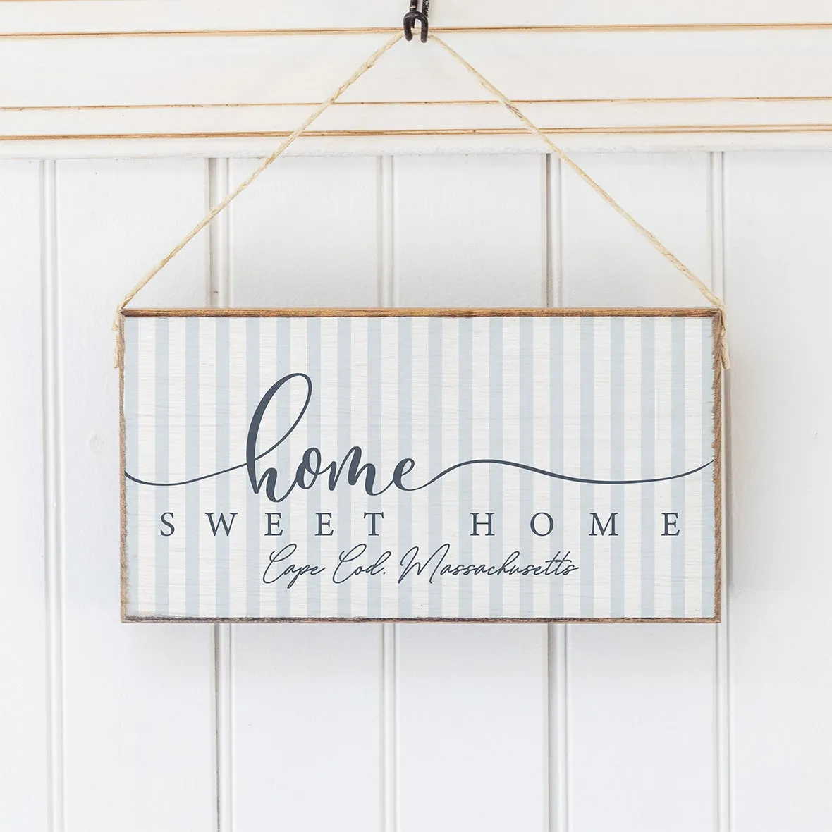 Personalized Blue and White Striped Home Sweet Home Twine Hanging Sign
