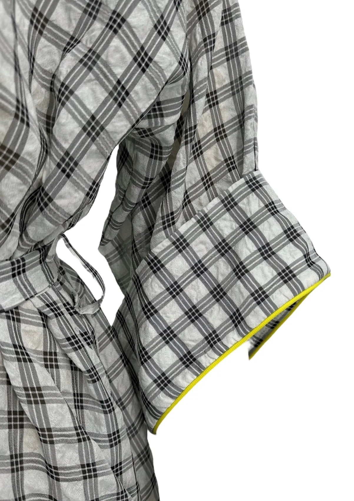 Plaid Kimono Wrap Dress with Neon Piping