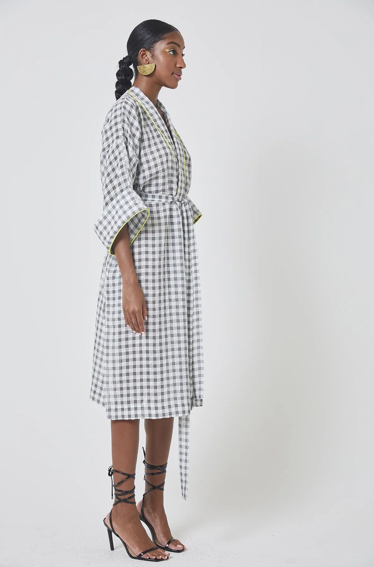Plaid Kimono Wrap Dress with Neon Piping