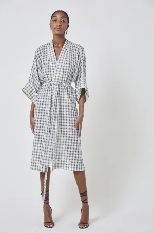 Plaid Kimono Wrap Dress with Neon Piping