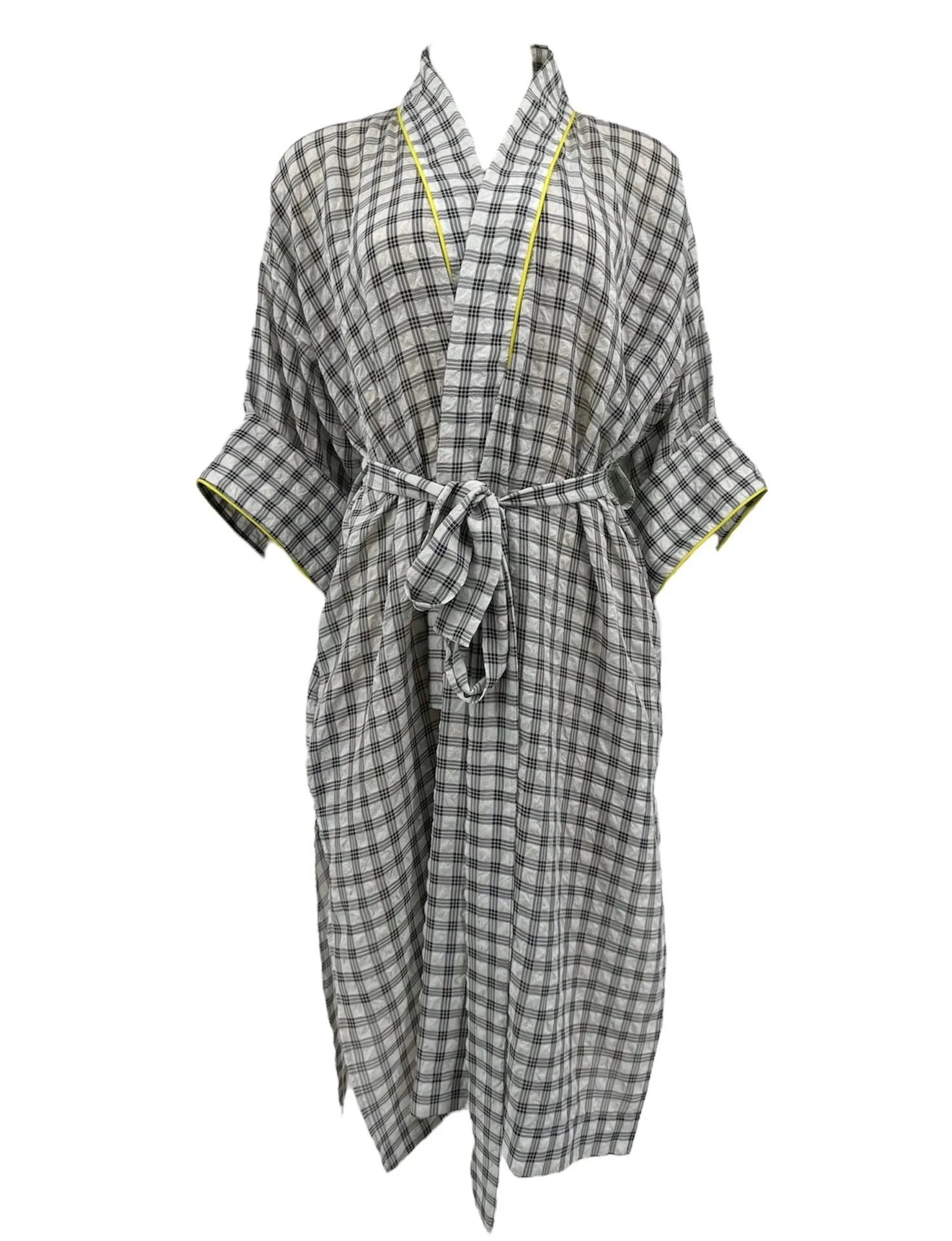 Plaid Kimono Wrap Dress with Neon Piping