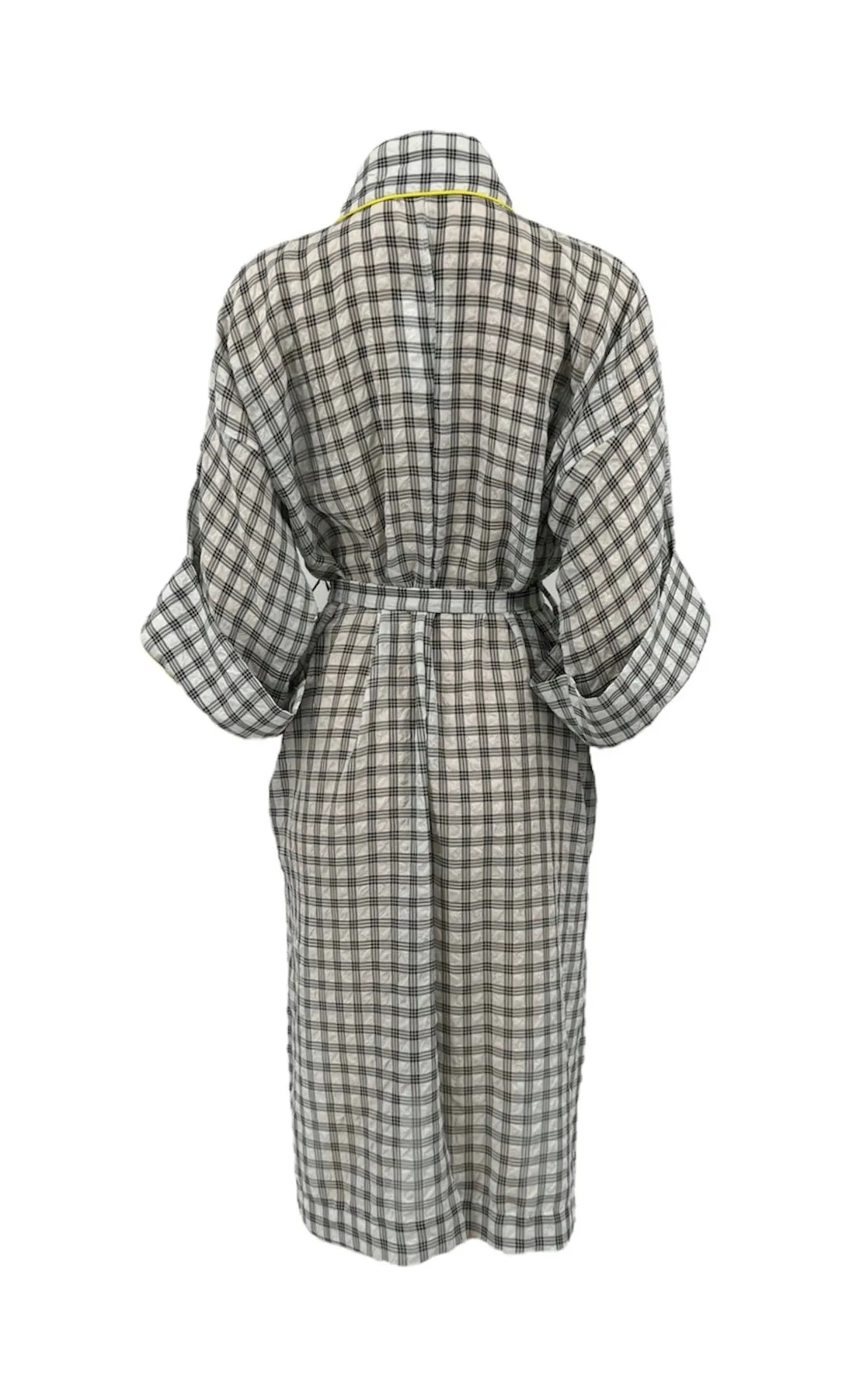 Plaid Kimono Wrap Dress with Neon Piping