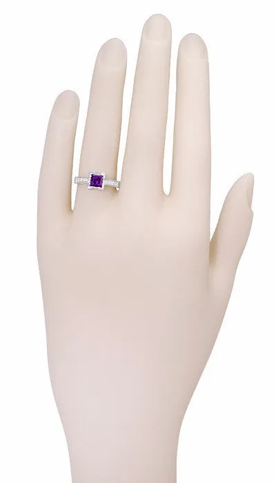 Platinum Art Deco Square Princess Cut 1 Carat Amethyst and Diamond Castle Engagement Ring