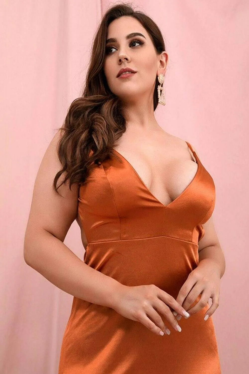 Plus Size Open Back Orange Satin Dress