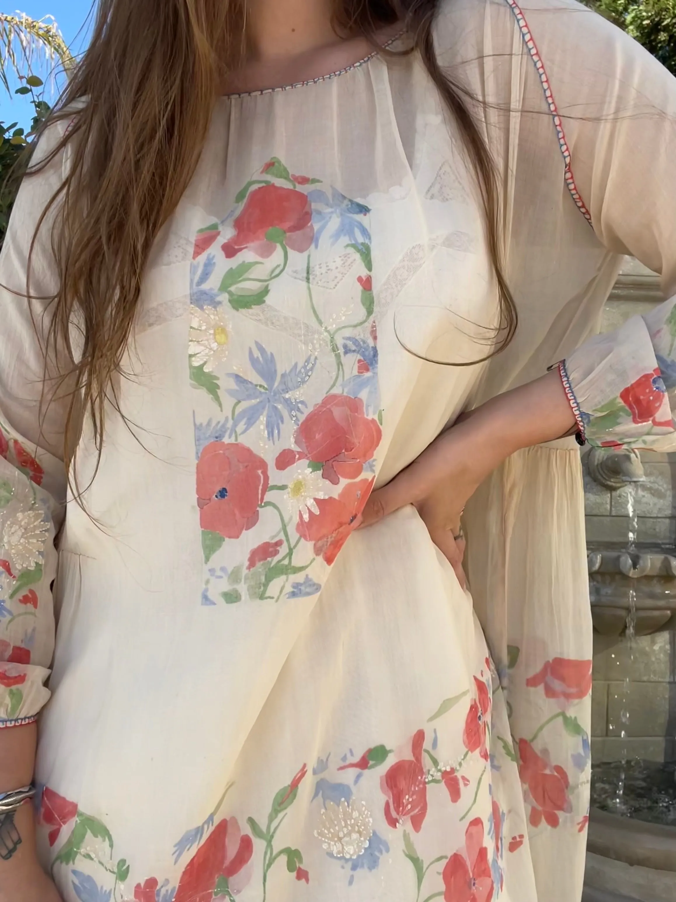 Rare Art Nouveau Hand Painted Floral Cotton Gauze Folk Dress