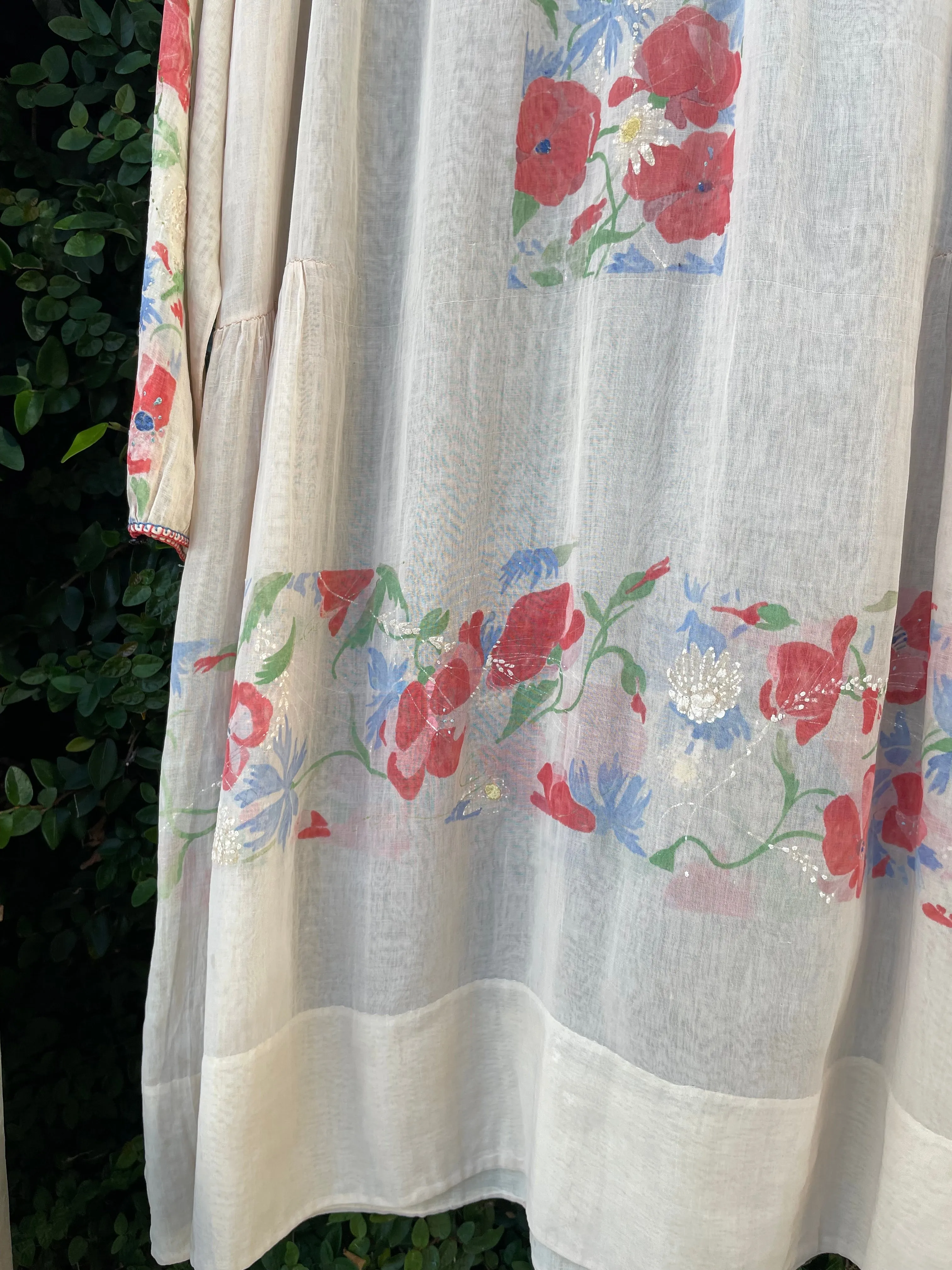 Rare Art Nouveau Hand Painted Floral Cotton Gauze Folk Dress