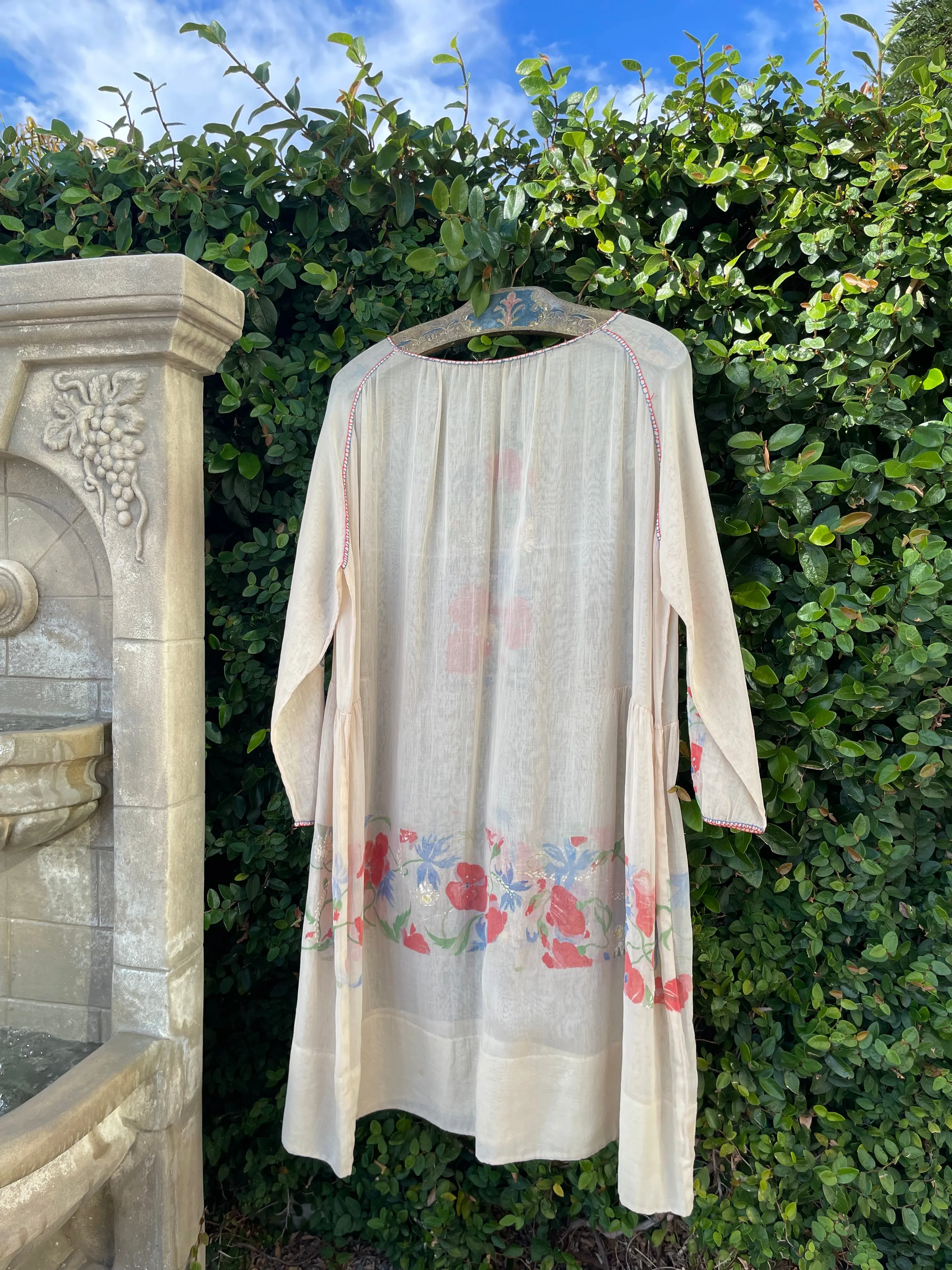 Rare Art Nouveau Hand Painted Floral Cotton Gauze Folk Dress