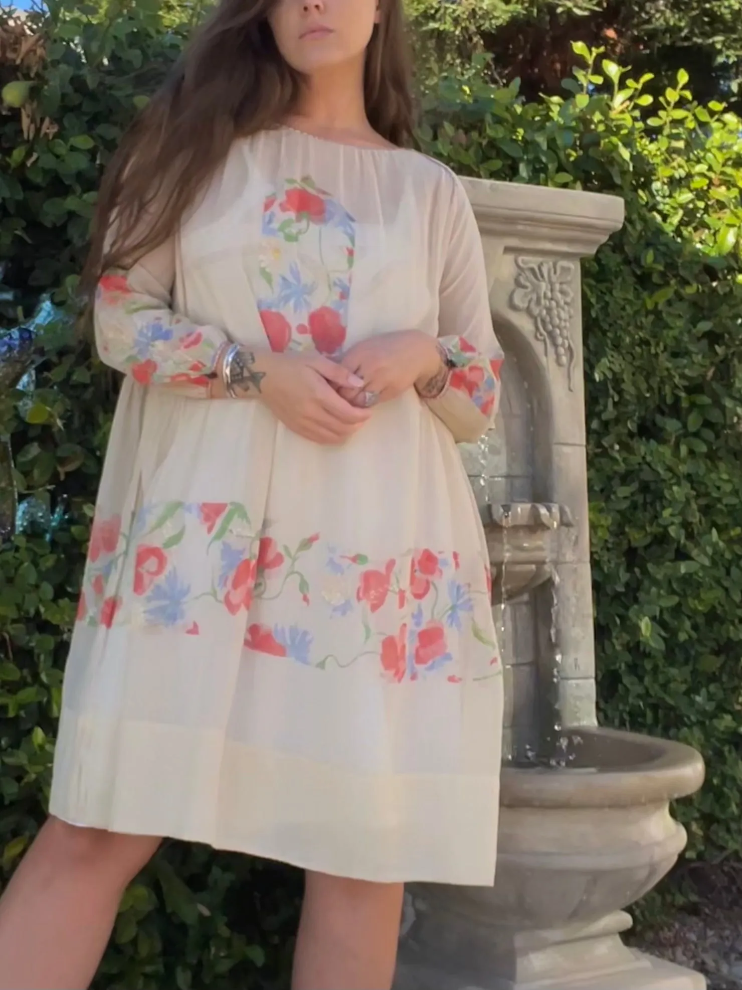 Rare Art Nouveau Hand Painted Floral Cotton Gauze Folk Dress