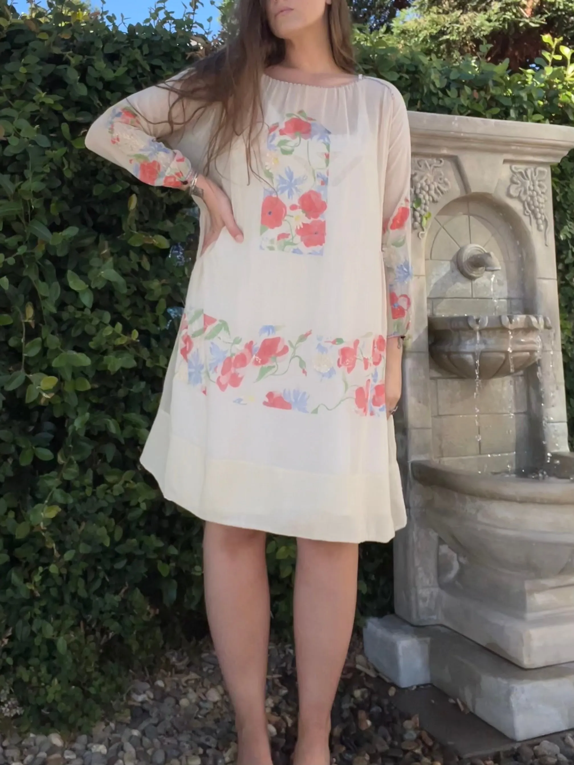 Rare Art Nouveau Hand Painted Floral Cotton Gauze Folk Dress