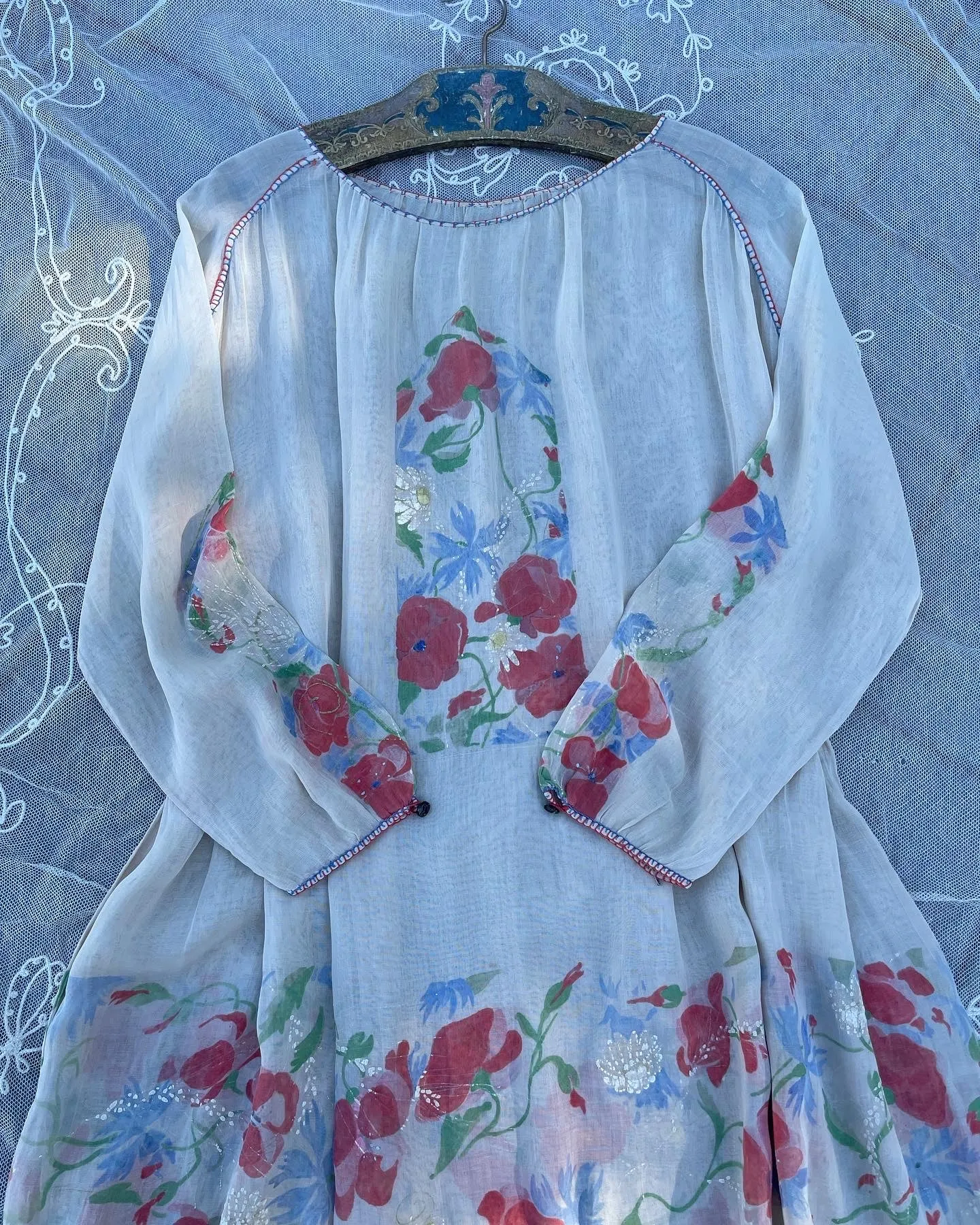 Rare Art Nouveau Hand Painted Floral Cotton Gauze Folk Dress