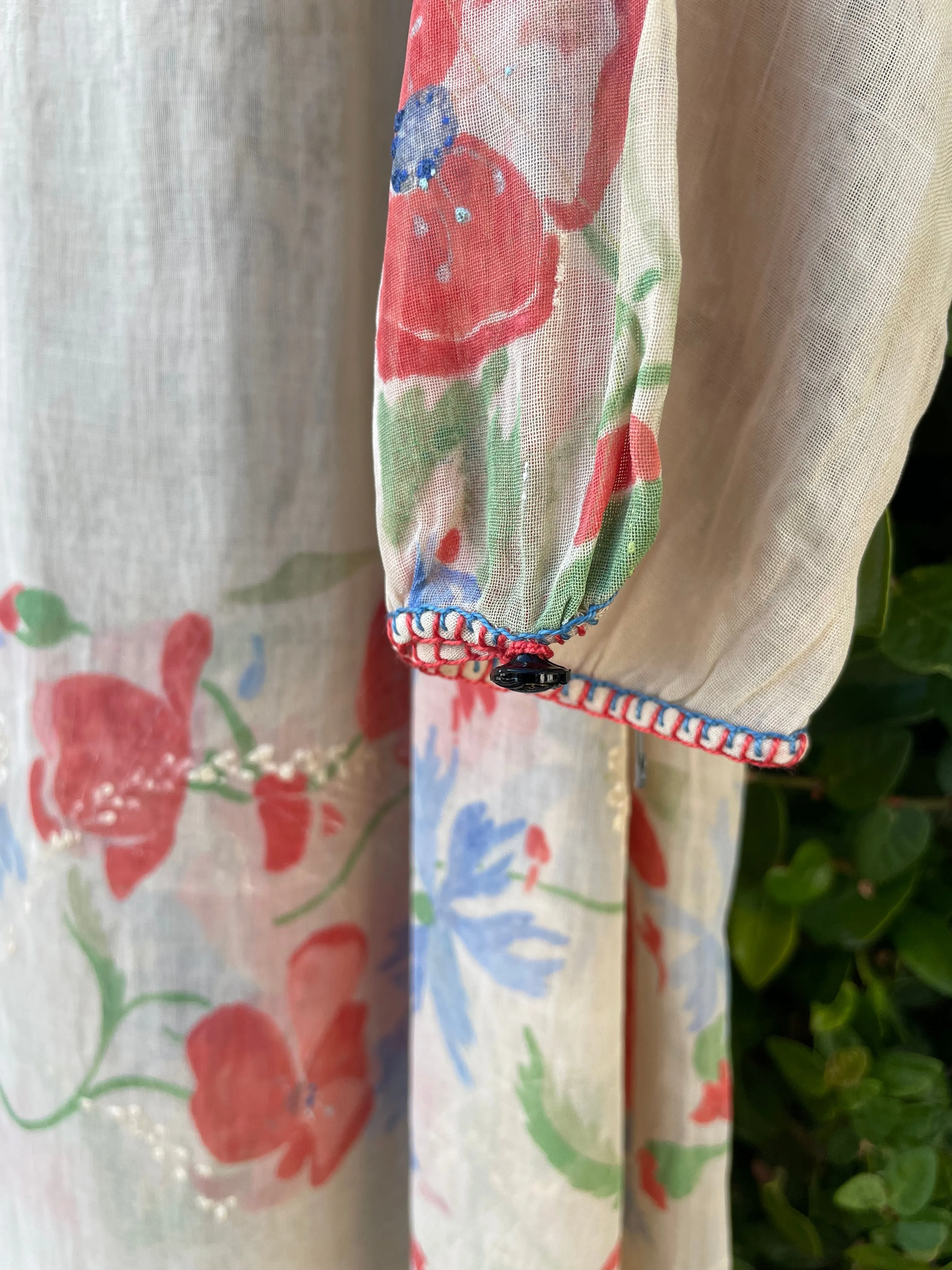 Rare Art Nouveau Hand Painted Floral Cotton Gauze Folk Dress