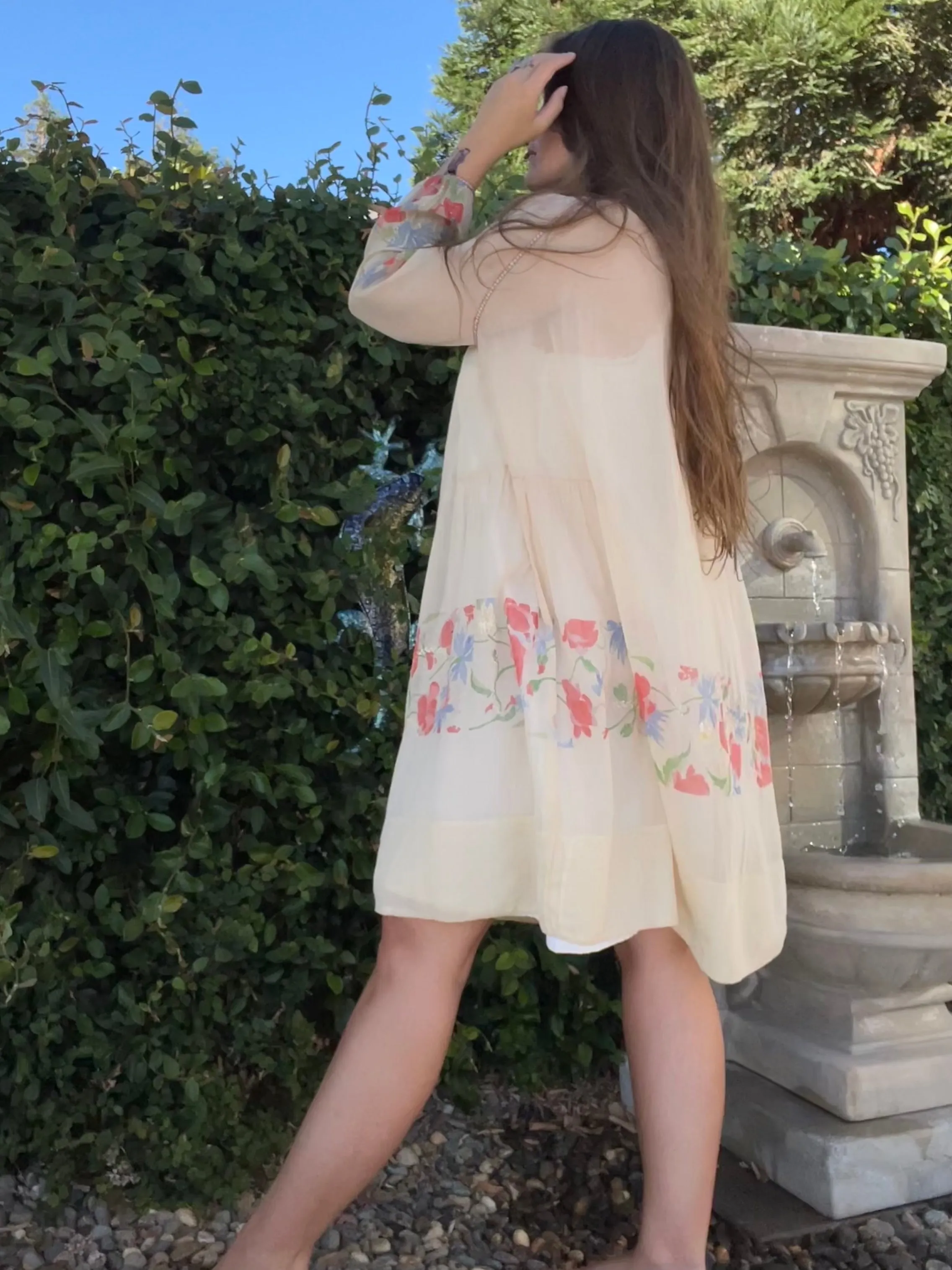 Rare Art Nouveau Hand Painted Floral Cotton Gauze Folk Dress