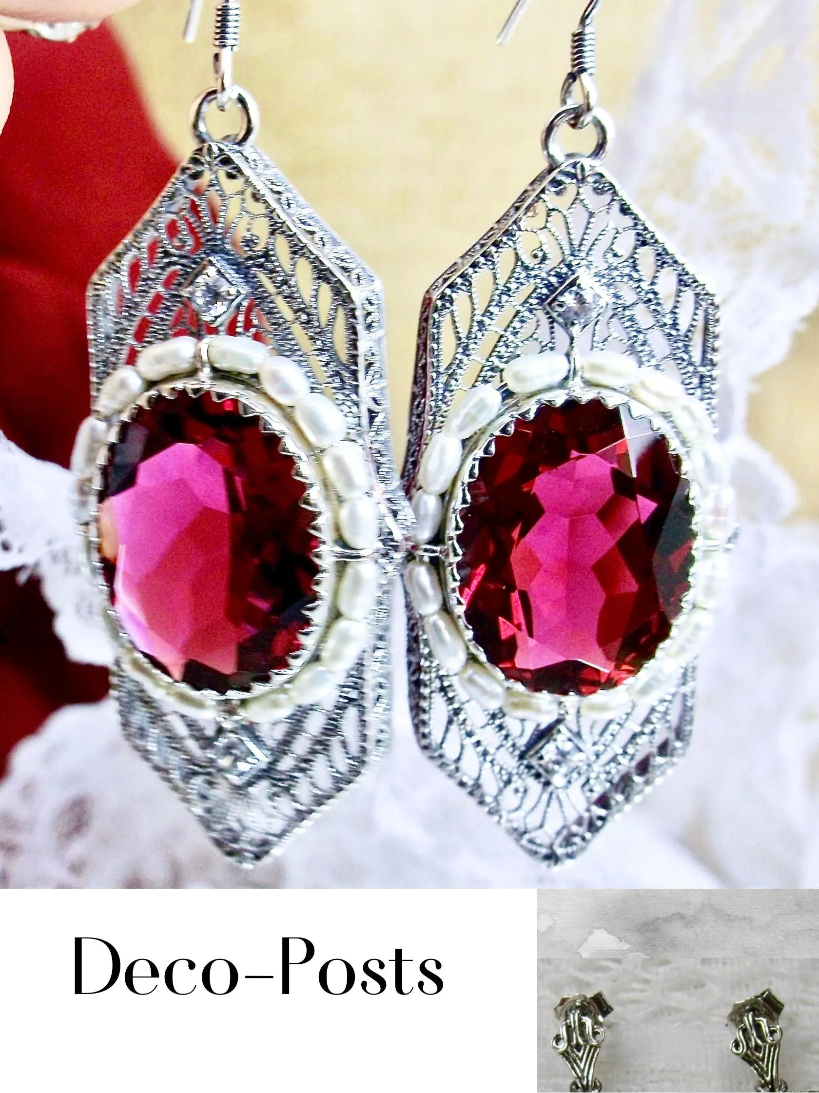 Red Ruby Jewelry Set, Oval Art Deco Set includes Earrings & Pendant #S156