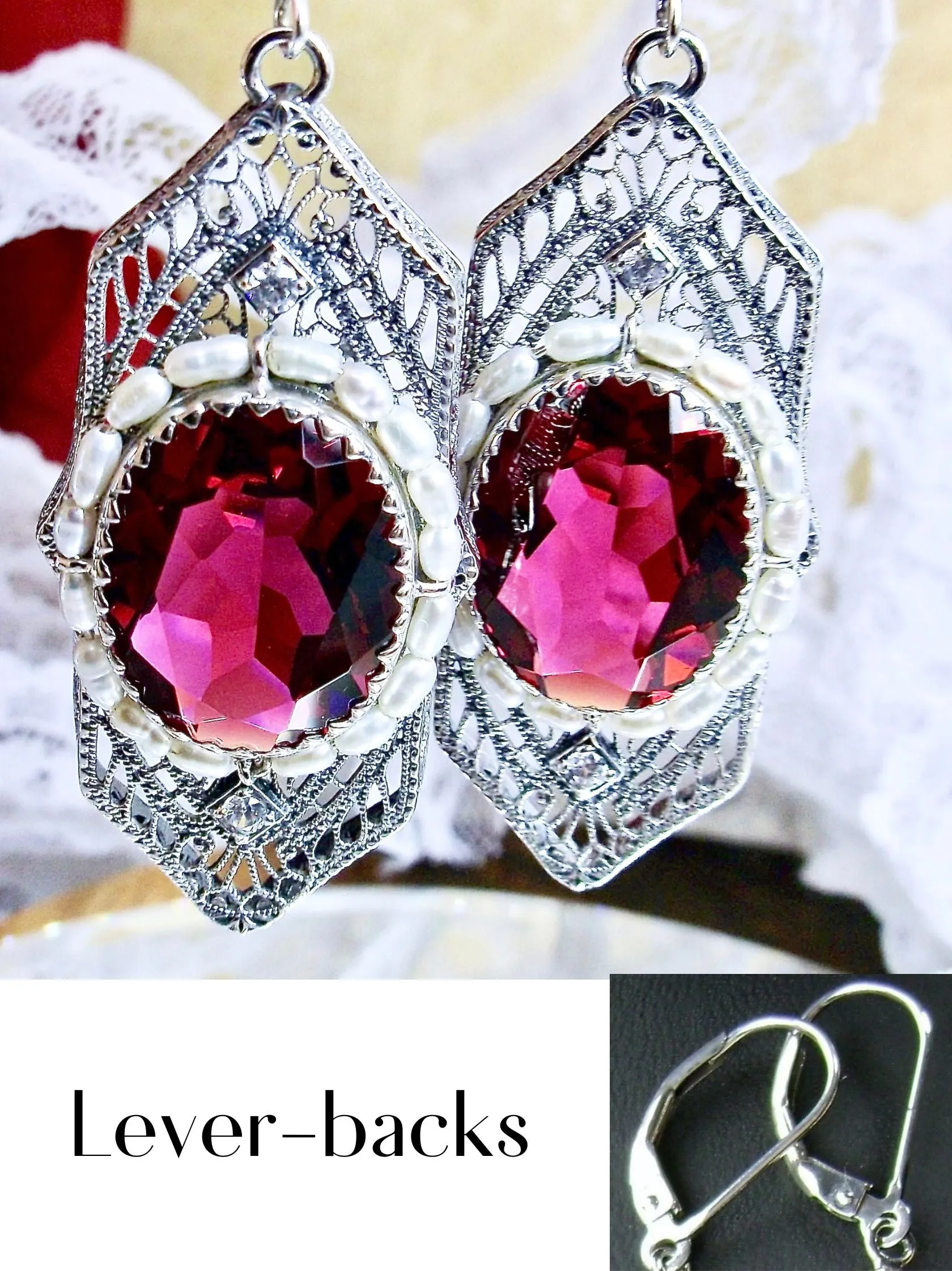 Red Ruby Jewelry Set, Oval Art Deco Set includes Earrings & Pendant #S156