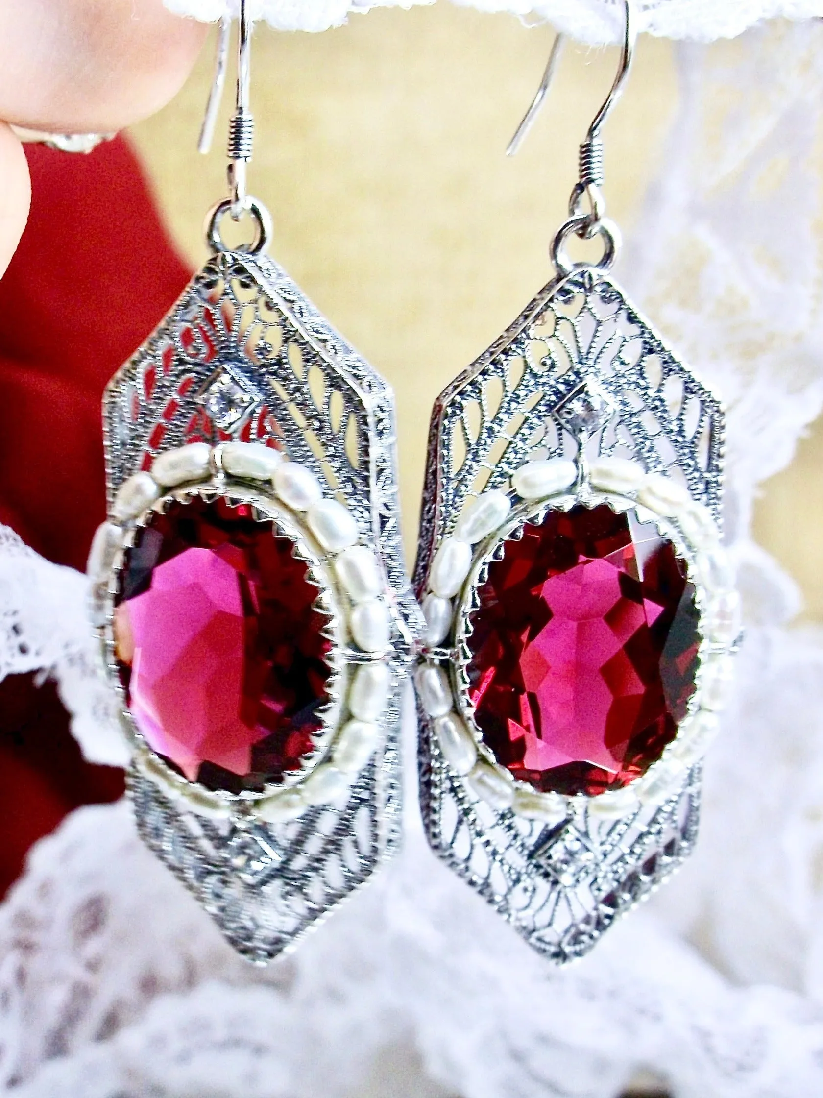 Red Ruby Jewelry Set, Oval Art Deco Set includes Earrings & Pendant #S156