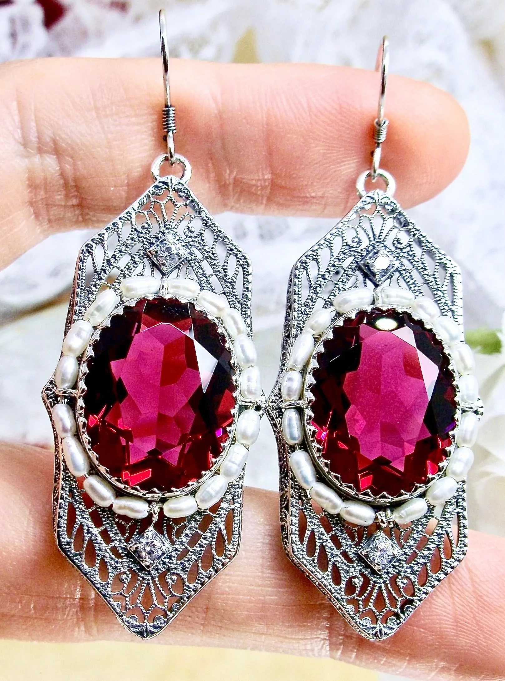 Red Ruby Jewelry Set, Oval Art Deco Set includes Earrings & Pendant #S156
