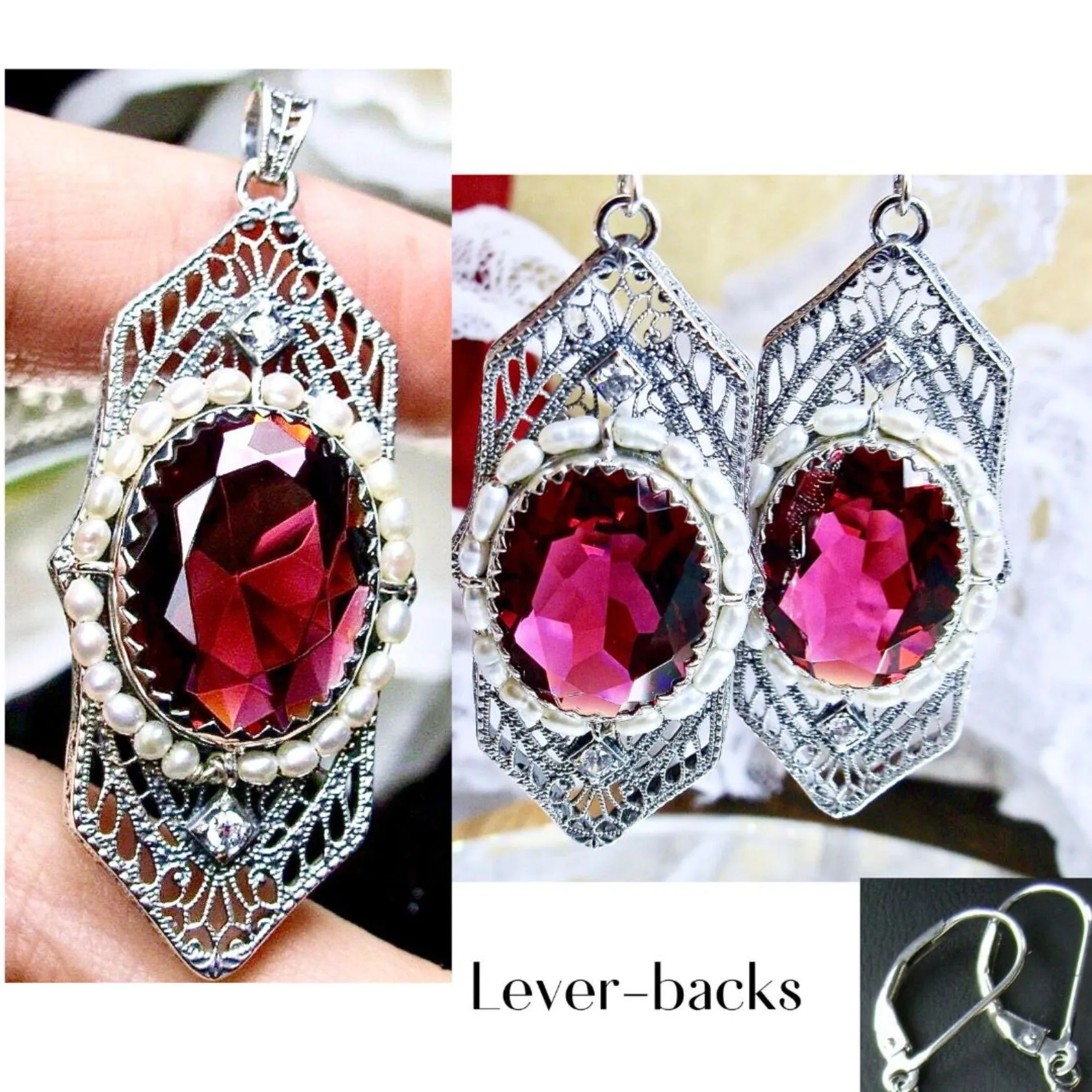 Red Ruby Jewelry Set, Oval Art Deco Set includes Earrings & Pendant #S156