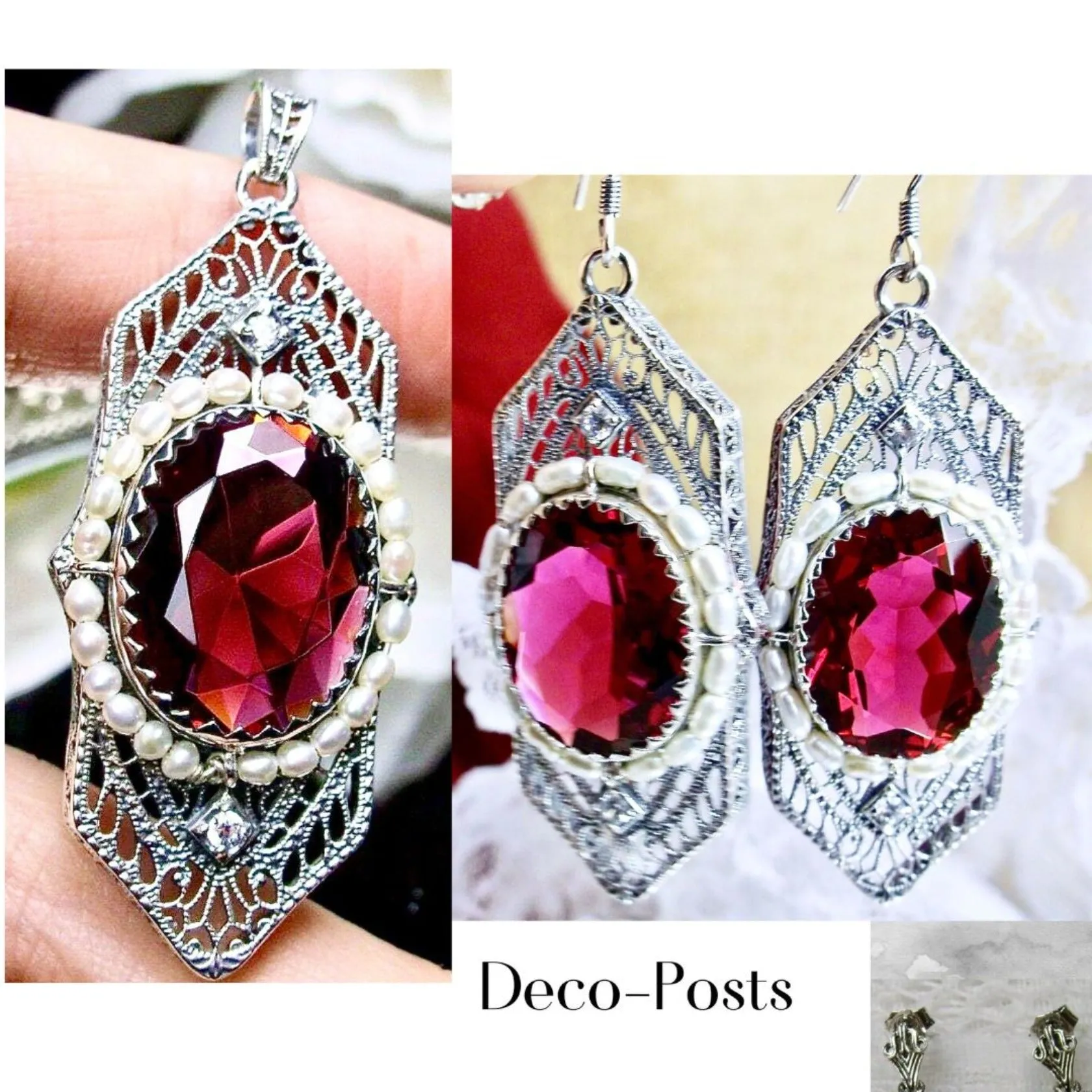 Red Ruby Jewelry Set, Oval Art Deco Set includes Earrings & Pendant #S156