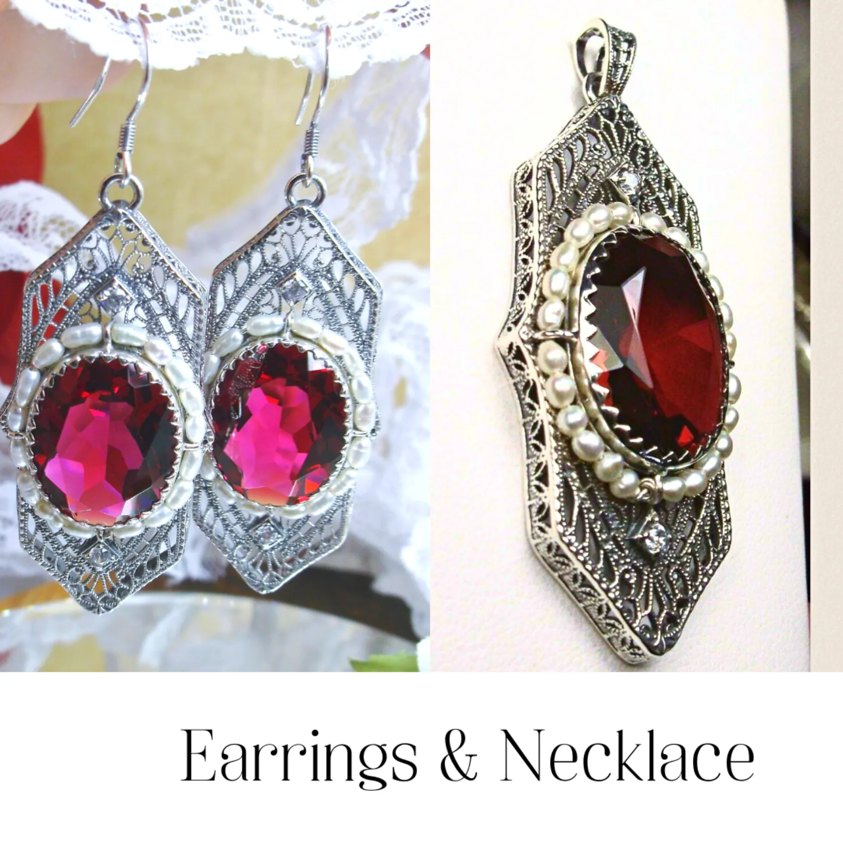 Red Ruby Jewelry Set, Oval Art Deco Set includes Earrings & Pendant #S156
