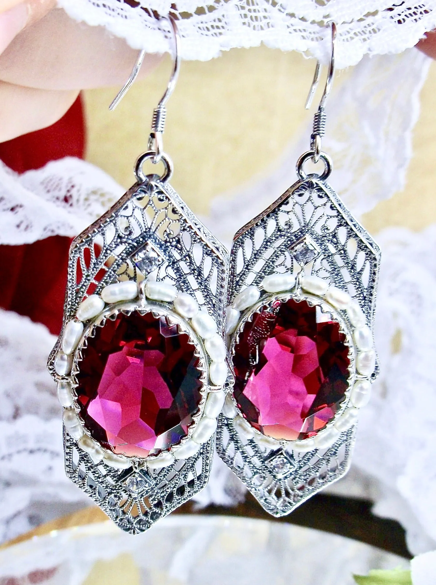 Red Ruby Jewelry Set, Oval Art Deco Set includes Earrings & Pendant #S156