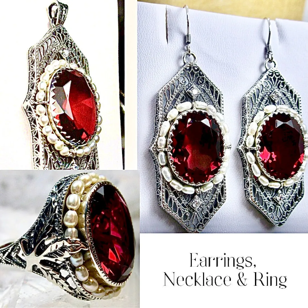 Red Ruby Jewelry Set, Oval Art Deco Set includes Ring, Earrings & Pendant #S156