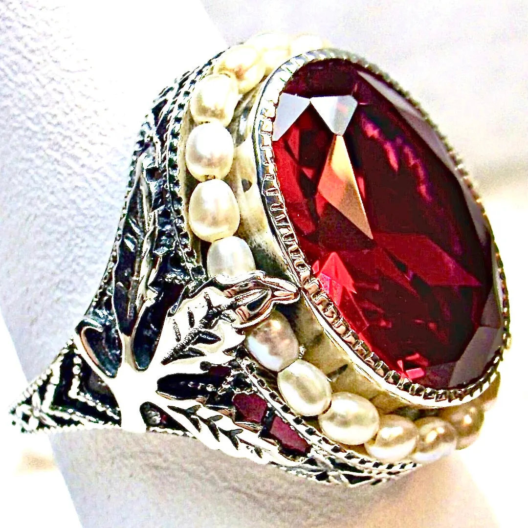 Red Ruby Jewelry Set, Oval Art Deco Set includes Ring, Earrings & Pendant #S156