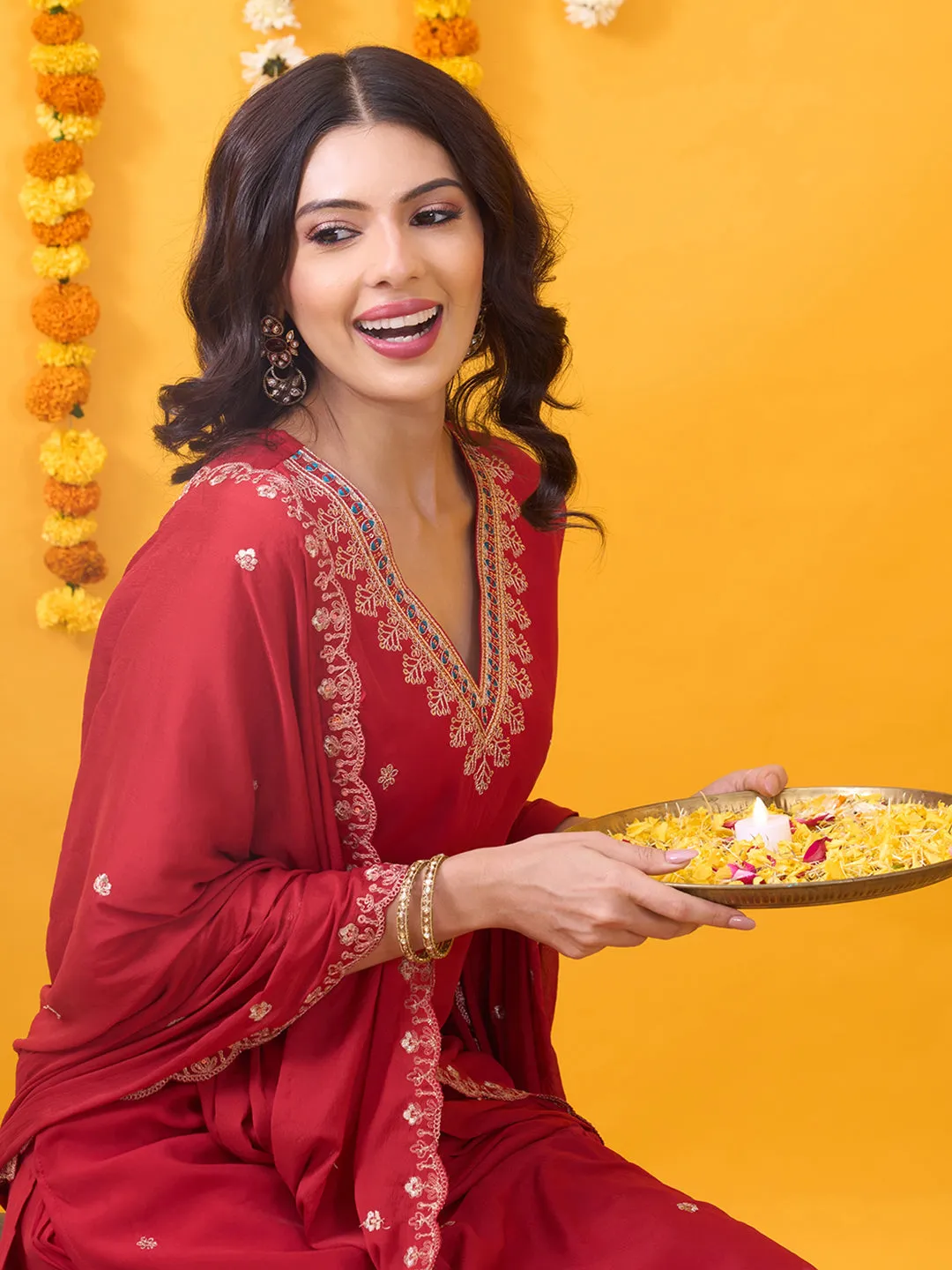 Red Silk Suit Set with Embroidered Dupatta - Zola