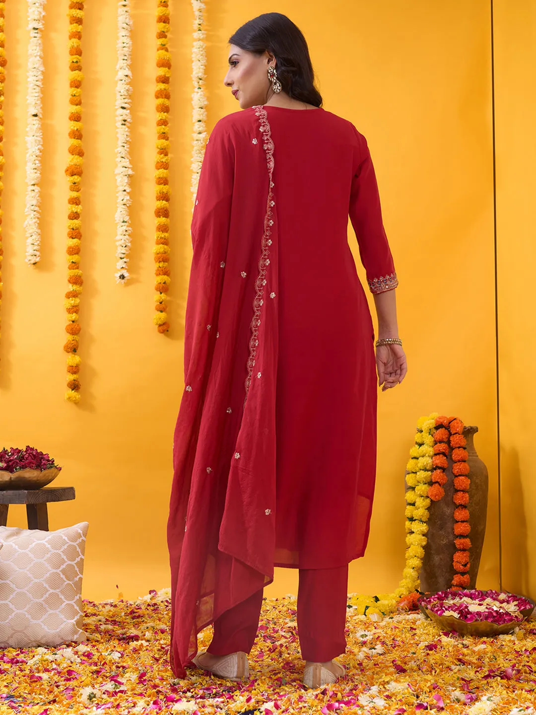 Red Silk Suit Set with Embroidered Dupatta - Zola