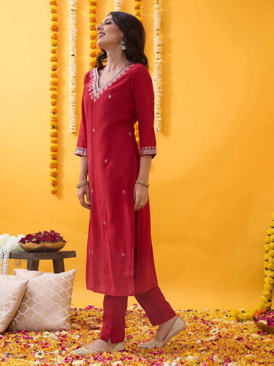 Red Silk Suit Set with Embroidered Dupatta - Zola