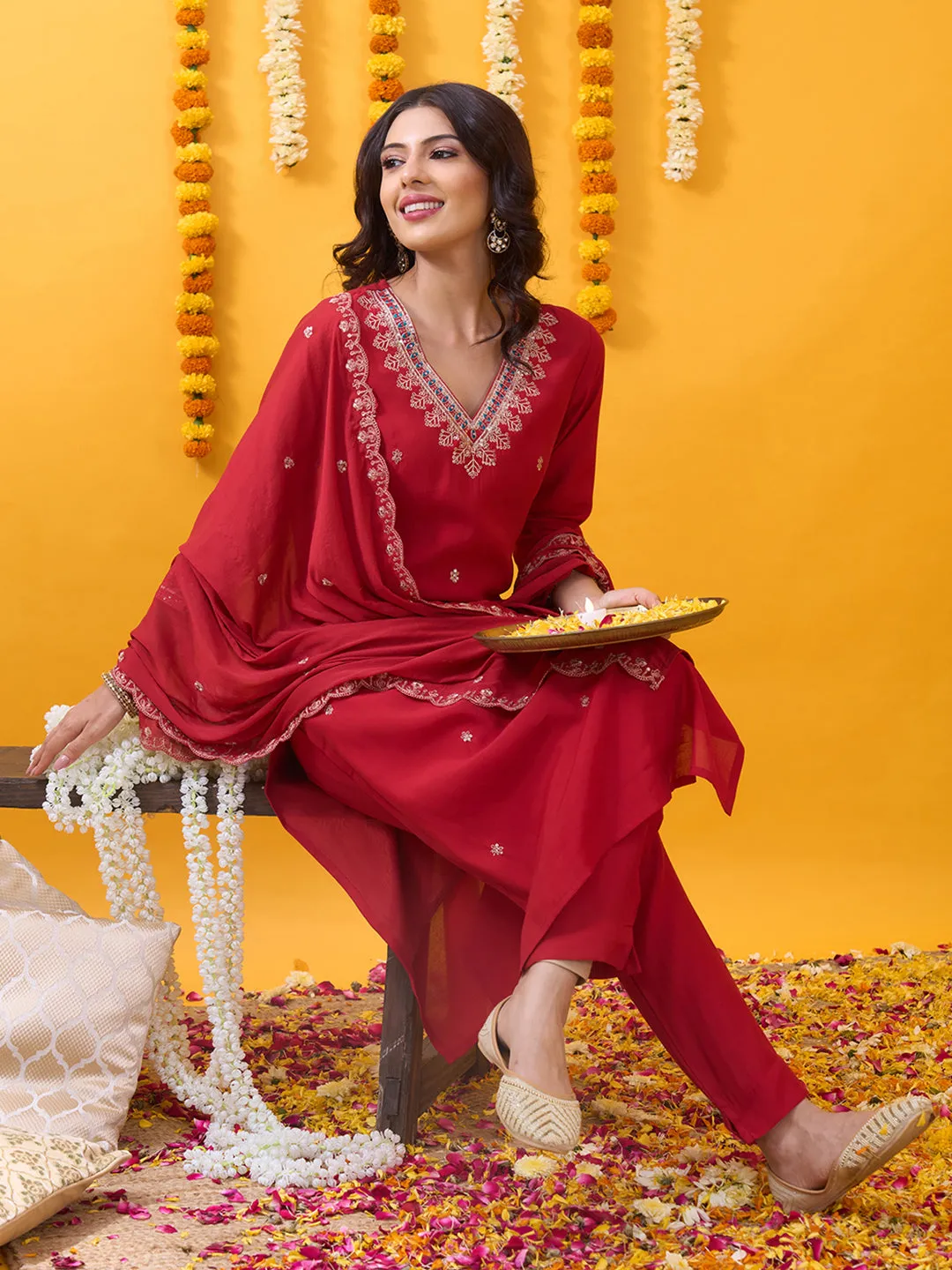 Red Silk Suit Set with Embroidered Dupatta - Zola
