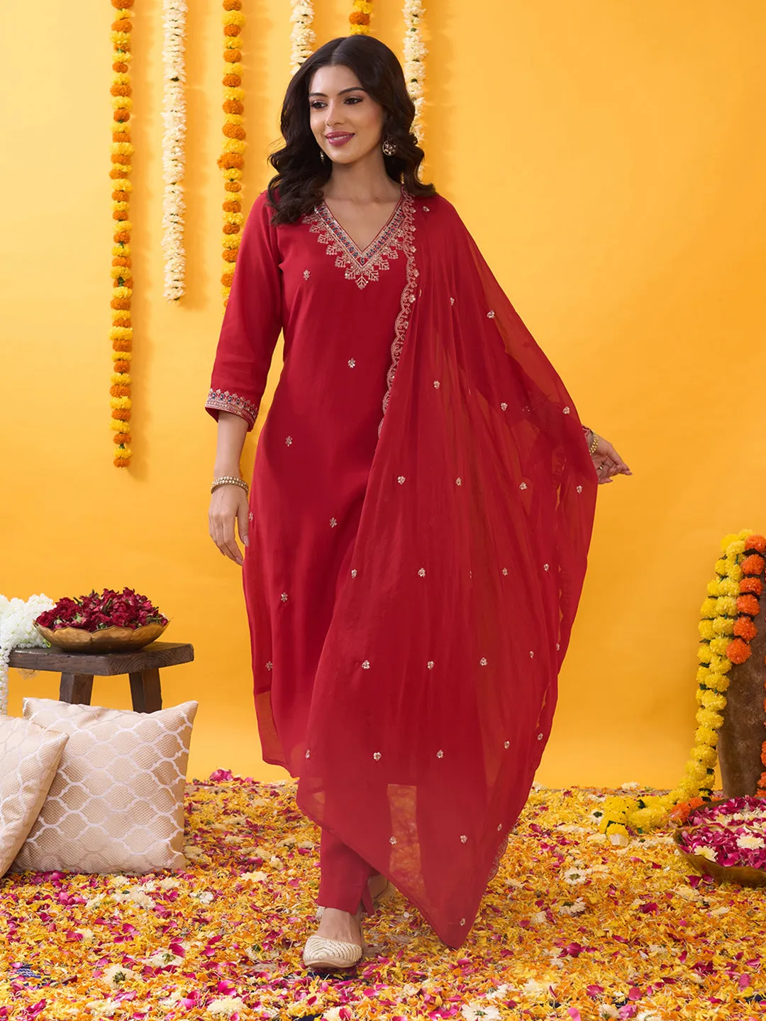 Red Silk Suit Set with Embroidered Dupatta - Zola