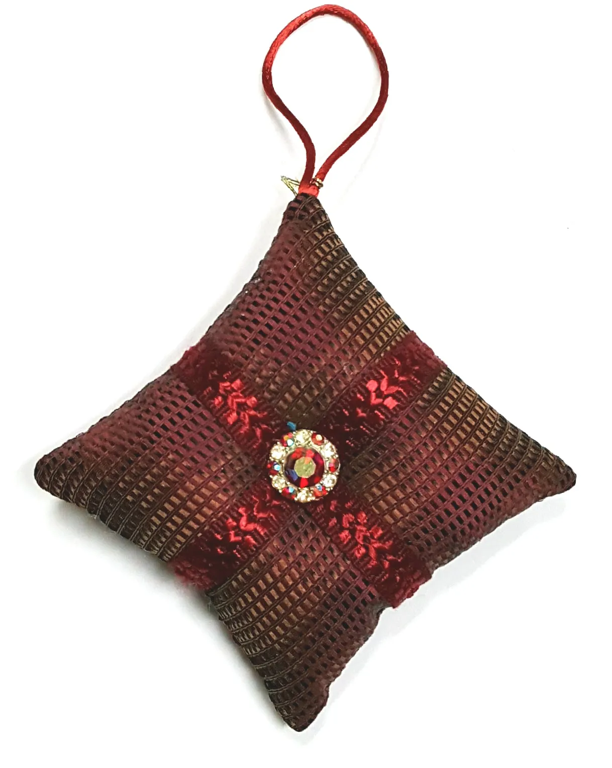 Rich Burgundy Silk with Vintage Rhinestone Button Pillow Ornament