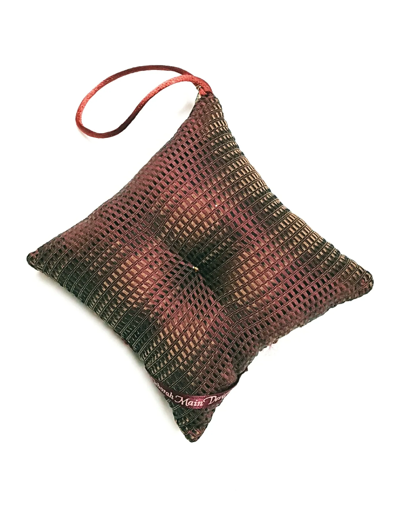Rich Burgundy Silk with Vintage Rhinestone Button Pillow Ornament