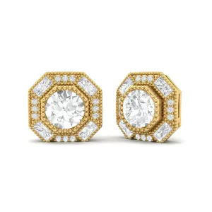 Round Moissanite Minimalist Delicate Stud Women Earrings 9k Yellow Gold