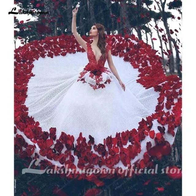 Roycebridal Red And White Vintage Wedding Dress Lace Bridal Gown