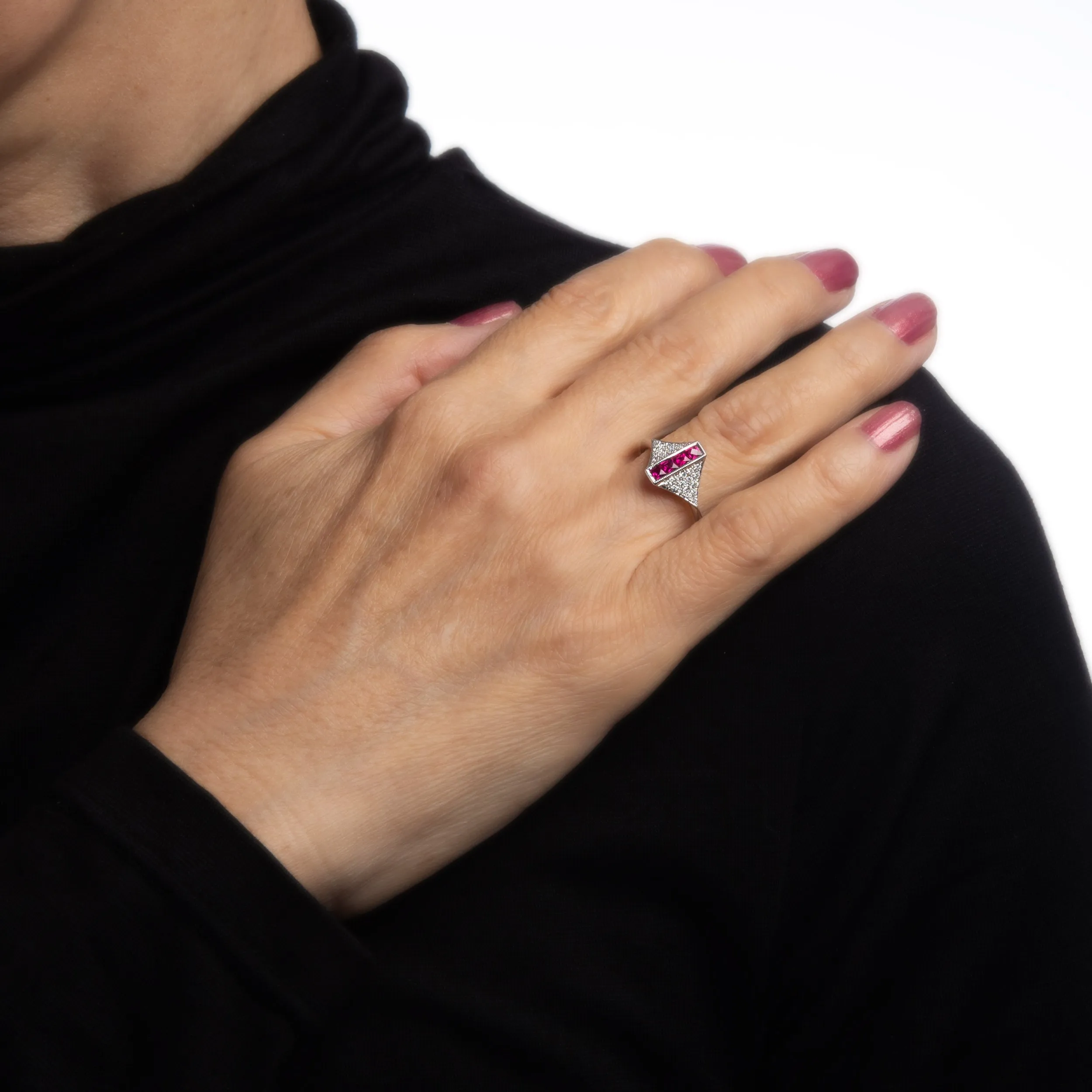Ruby Diamond Ring Estate 14k White Gold Sz 6.5 Art Deco Style Jewelry Cocktail