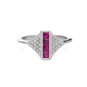 Ruby Diamond Ring Estate 14k White Gold Sz 6.5 Art Deco Style Jewelry Cocktail