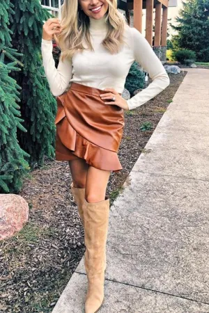 Ruffles Zipper PU Skirt