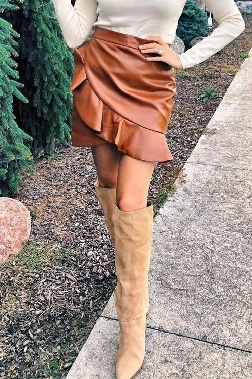 Ruffles Zipper PU Skirt