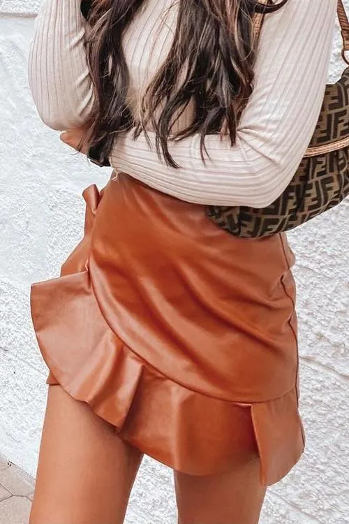 Ruffles Zipper PU Skirt