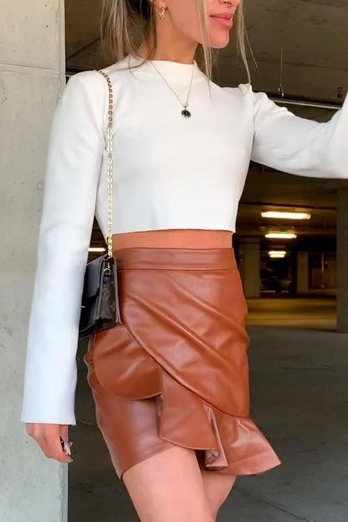 Ruffles Zipper PU Skirt
