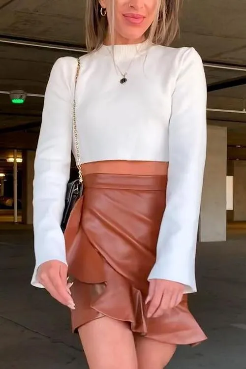Ruffles Zipper PU Skirt