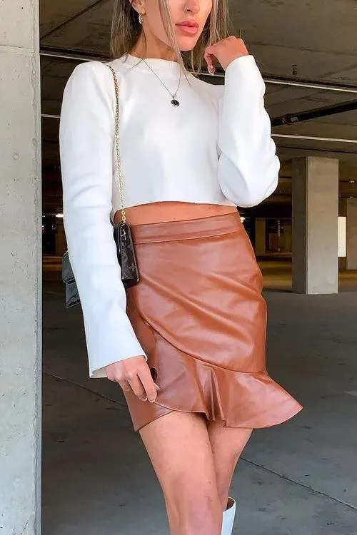 Ruffles Zipper PU Skirt