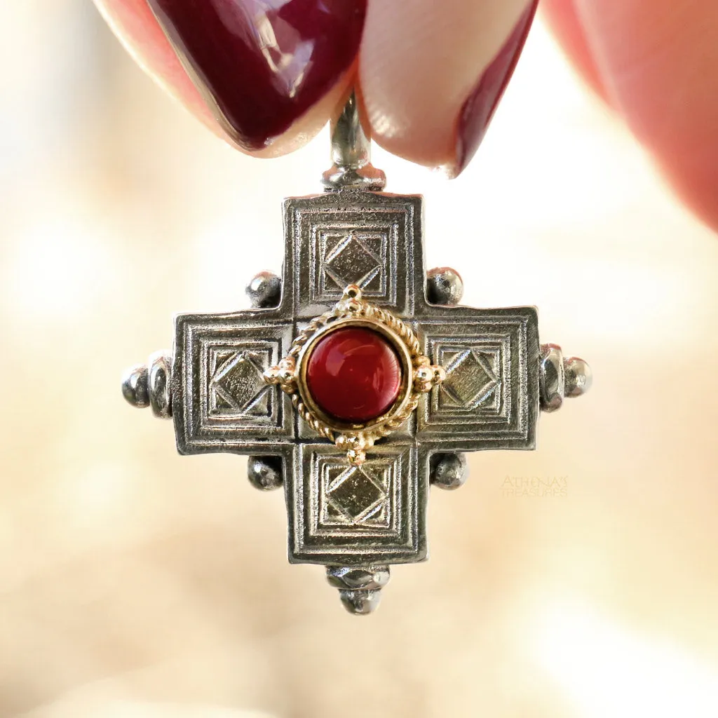 Rustic Center Stone Silver Greek Cross